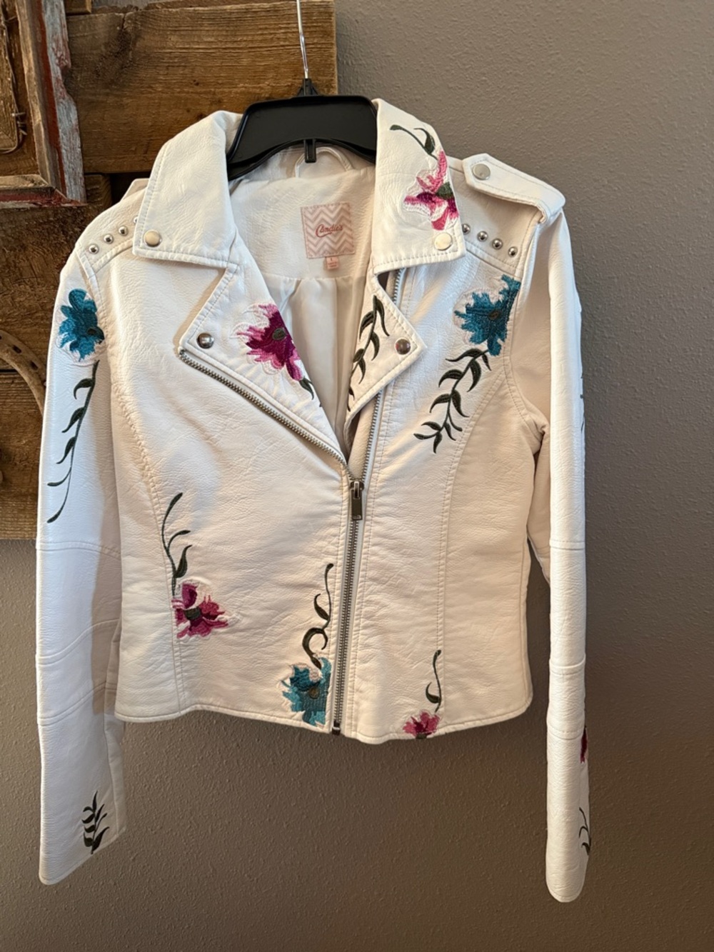 Candie's White Faux-Leather Floral Embroidered Moto Jacket